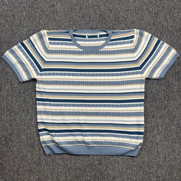 Vintage Style Striped Cable Knit Short Sleeve Sweater Top Large Blue White Tan — photo 2